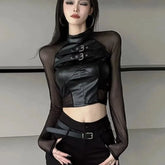 BXOXO Harajuku Sexy Crop Top Black Leather T-shirts 2025 Autumn New Slim Fit Tee Shirt Y2k E-Girl Long Sleeve Mesh Tops Women