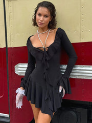 BXOXO Ruffled Lace-Up White Mini Dress Women's V-Neck Patchwork Long Sleeve Sexy Slim Dress Bandage Elegant Female Summer Dress