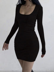 BXOXO Big Round Neck Slim Autumn and Winter Korean Version of Long Sleeve Dress Retro Bag Hip Skirt Female Temperament a Word Dress