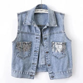 Bxoxo Fashion Design Sequins Denim Vest Summer Autumn Women's Waistcoat Korean Leeveless Denim Jeans Jacket Female Vest Tops