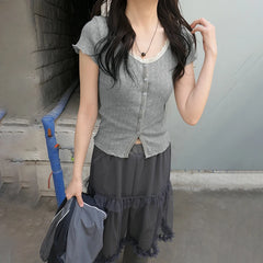 Bxoxo Kawaii Lace Stitching Grey Knitted Crop Top Korean Fashion Short Sleeve Button-up Skinny T-shirt for Women Y2k Streetwear