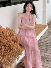 Bxoxo Pink Tie Dye Beach Long Dress Women Elegant Casual Sleeveless Sweet Tanks Dress Casual Vintage Summer Lady Loose Long Dress