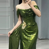 BXOXO CustomizedLuxury Off The Shoulder Green Sequins Mermaid Evening Dress Sexy Strapless Glitter High Slit Prom Formal Gowns Vestido