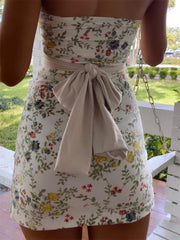 BXOXO Floral Bandeau Tube Top Mini Dress Women Off-Shoulder Strapless Bodycon Party Dress Backless Bow Knotted Vestidos