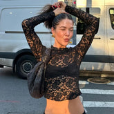 BXOXO Women's Sheer Lace Tops Fashion Long Sleeve High Crew Neck Solid Color Slim Fit T-Shirts Blouses Y2K Vintage Streetwear