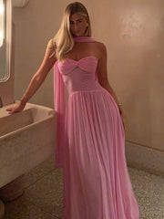 BXOXO Scarf Collar Backless Sexy Maxi Dress For Women Gown Pink Strapless Off-shoulder Backless Mesh Long Dress Vestido