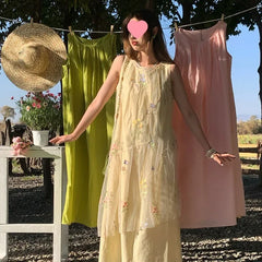 Bxoxo Butterfly Spirit Floral Embroidery Sleeveless Dress Women Summer Loose Overlap Skirt Vest Dress Knee-Length A- Line Gown