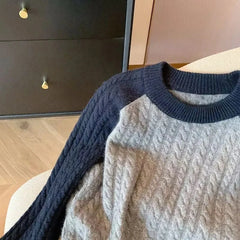 Bxoxo Grey Patchwork Knit Sweaters Women Autumn Winter Thick Loose O Neck Jumpers Y2K Korean Lazy Style All Match Pullovers Mujer