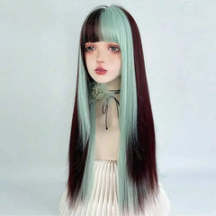 BXOXO Women Synthetic Long Straight Green Brown Layered Ombre Mix Wig Lolita Cosplay Fluffy Hair Wig for Daily Party