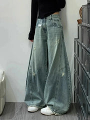 Bxoxo Streetwear Women Hole Jeans Summer High Waist Loose Washed Wide Leg Pants Bf Harajuku Hip Hop Patchwork Tassels Denim Trousers