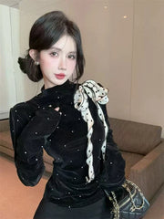 Bxoxo Vintage Polka Dots Velvet Tops Women Y2K Autumn Korean Chic Folds Slim Long Sleeve T Shirt Elegant Bow Lace Up Ladies Pullover