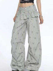 Bxoxo Stars Print Y2K Cargo Pant Women Vintage Streetwear Loose High Waist Design Trousers Hip Hop Retro American Casual Wide Leg Pant