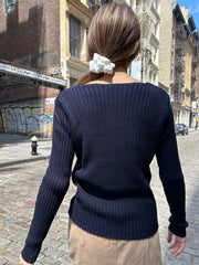 Bxoxo Vintage Navy Knitted Sweaters Women 2023 Autumn Sweet V Neck Long Sleeve Slim Y2k Tops Ladies Harajuku Cute Cotton Pull Sweater