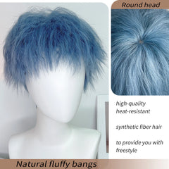 BXOXO 8 Inch Synthetic Mens Wigs Short Tin foil hot Blue Bangs Wig Heat Resistant Youth trend For Male Boy Cosplay Daily Party
