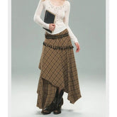 Bxoxo Vintage Plaid Women Skirt Korean Style Asymmetrical Y2k Long Skirts Harajuku Streetwear Retro Patchwork Midi Skirts