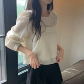 Bxoxo Unique Long Sve See-tough Tank Top Strap Vest Two-piece Set Chic Korean Sle Loose Fit round Ne Lantern Sve ...