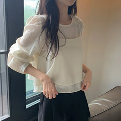 Bxoxo Unique Long Sve See-tough Tank Top Strap Vest Two-piece Set Chic Korean Sle Loose Fit round Ne Lantern Sve ...