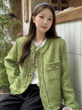 Bxoxo Sweet Green Tweed Jackets Women Vintage Long Sleeve Casual Coat Korean O Neck Fall Winter Retro All Match Elegant Outwear Tops