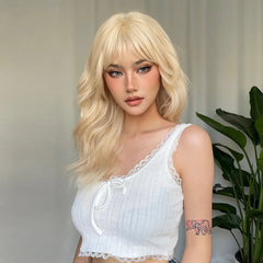 BXOXO Long Wavy Blonde Synthetic Wigs Platinum Daily Natural Hair Wigs With Bangs Cosplay Wig for Women Heat Resistant
