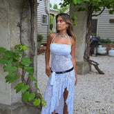 BXOXO Sexy Women Halter Neck Lace Dress Casual Summer Sheer Backless Split Ruffles Party Dress for Beach Club Streetwear