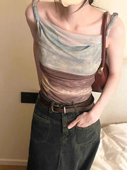 Bxoxo Fashion Tie Dye Mesh Women Vest Y2K Korean Chic Irregular Slim Female Crop Tops Ladies Elegant Bohemian Off Shoulder Tank