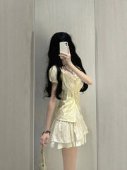 BXOXO 2000s Vintage 2 Piece Sets Women Lace Short Sleeve Cardigan Blouse Women+ Sexy Slim Camisole Dress 2024 Japanese Y2k Dress Suits