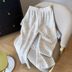 Bxoxo Vintage Houndstooth Women Wide Leg Pants Winter Thick Faux Mink Velvet Loose Straight Trouser High Waist All Match Female Pants