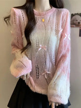 Bxoxo Sweet Bow Hollow Out Sweaters Women Korean Fashion Gradient Long Sleeve Knitted Pullover Preppy Style Loose Elegant Cute Jumpers