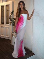 BXOXO Mesh Floral Print Sexy Maxi Dress For Women Gown Off-shoulder Strapless Sleeveless Backless Bodycon Club Long Dress