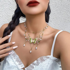 BXOXO 2Pcs Kpop Multilayer Lovely Butterfly Pendant Tassel Necklace Clip Earrings for Women Wed Bridal Exquisite Chain Y2K Jewelry Set