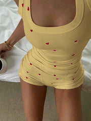 BXOXO Casual Heart Print 2 Piece Set Women Square Collar Sleeveless Crop Tops+Stretch Shorts Sweet Girls Comfy Fashion Outfits