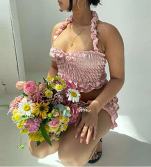 BXOXO Solid Women 2Piece Set Sexy Summer Elastic Halter Backless Slim Crop Tanks+Matching Ruched Ruffle Skirts Clubwear