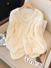Bxoxo Pink Sweet Knitted Sweaters Women Fashion Lazy Wind Diamond Elegant Jumper Korean Chic Long Sleeve Loose Fall Winter Pullovers
