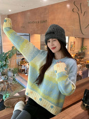 Bxoxo Hole Y2K Gradient Striped Sweater Women Vintage Preppy Style Long Sleeve Knitted Pullovers Casual O Neck Buttons Sweet Jumper