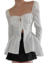 BXOXO Women's summer Elegant Pleated Tops, Long Sleeves Square Neck casual Bandage Solid Color long sleeve blouse Party Street Shirt