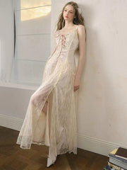 Bxoxo Elegant Lace Patchwork Camis Dress Women Summer Sexy Backless Hollow Out Midi Dress Y2K Fashion Lace Up Streetwear Vestidos