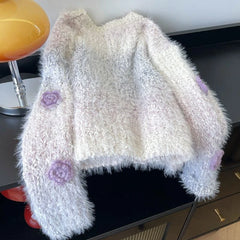 Bxoxo Fashion Gradient Faux Mink Fleece Knit Sweater Women Autumn 3D Flower Decoration Casual Pullover Korean Loose All Match Jumper
