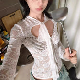 BXOXO Harajuku Lace T Shirt Women Hollow Out Lace Up Crop Tops Y2k Vintage Fairycore Tee Tops See Through Tshirts Streetwear