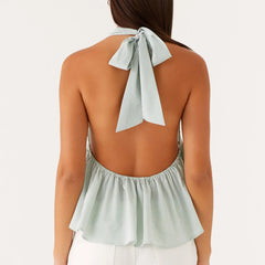 BXOXO Women Bow Front Striped Sexy Tie Halter Top Deep V Neck Backless Sleeveless Peplum Tank Tops Y2k Summer Going Out Tops