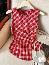 Bxoxo Retro Women Red Plaid Tanks Casual O Neck Slim Korean Vintage Tanks Summer Sleeveless Irregular Female Design Simple Tops