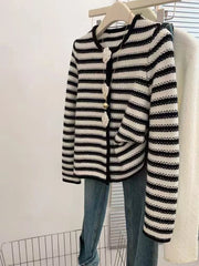 Bxoxo Stripe Knit Cardigan for Women Autumn Fashion 3D Flower Long Sleeve Female Knitwear Korean Elegant Slim All Match Button Coats