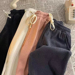 Bxoxo Autumn Corduroy Wide Leg Pants for Women High Waist Drawstring Loose Casual Pants Winter Thick Warm Straight Trousers Mujer