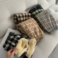 BXOXO Fashion Warm Plush Pants Cashmere Thick Plaid Ladies Winter Casual Loose Wide-legged Pants Korean Streetwear Students