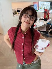 Bxoxo Pure Cotton Red Plaid Shirt Women Slim Sexy Cropped Short Sleeve Y2K Blouse Vintage American Streetwear Female Summer Tops