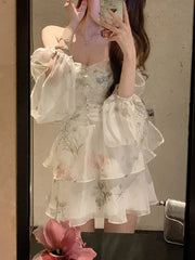 BXOXO Chiffon Dress for Women Long Sleeve Party French Style Dress Fairycore Floral Ruffles Square Collar New Spring Summer Dress