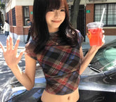 BXOXO Y2k Vintage Mesh Tops Short Sleeve See Through Plaid T Shirt Women Streetwear 2000s Japanese Fariycore Tee Tops Summer