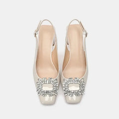 BXOXO Nude Sandals Lady Patent Leather Thick Heel Baotou Spring and Summer New Small Square Head Rhinestone French Single Shoes