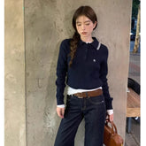 Bxoxo Preppy Style Embroidery Sweaters Women Old Money Style Korean Knitted Pullover Vintage Long Sleeve Gray Polo Jumpers