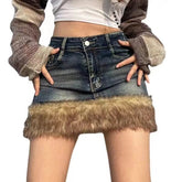 Bxoxo Y2k Vintage Denim Skirt Women Sexy Harajuku Fur Patchwork Mini Skirts Retro Slim Up Streetwear A-line Short Skirts