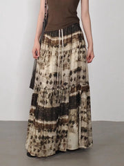 Bxoxo Vintage Ink Wash Print Long Skirt Women Harajuku Elegant High Waist Skirts Retro Gothic Streetwear A-line Midi Skirts